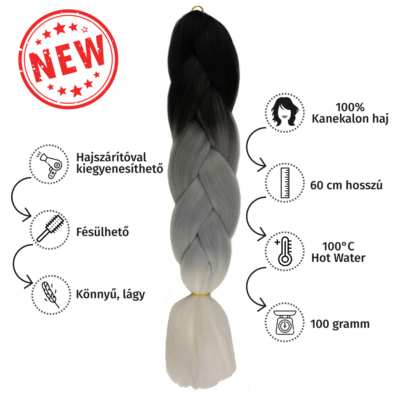 Afro ombre szintetikus 100% kanekalon haj tricolor #18 fekete-szürke-fehér