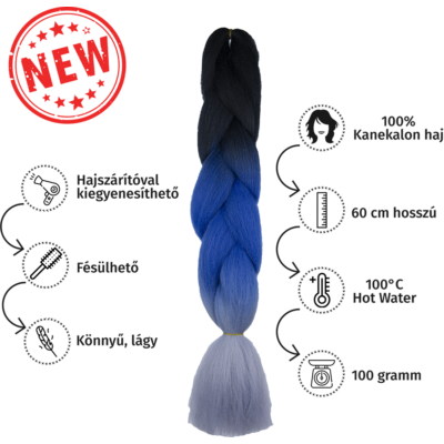 Afro ombre szintetikus 100% kanekalon haj tricolor #19 fekete-királykék-szürke