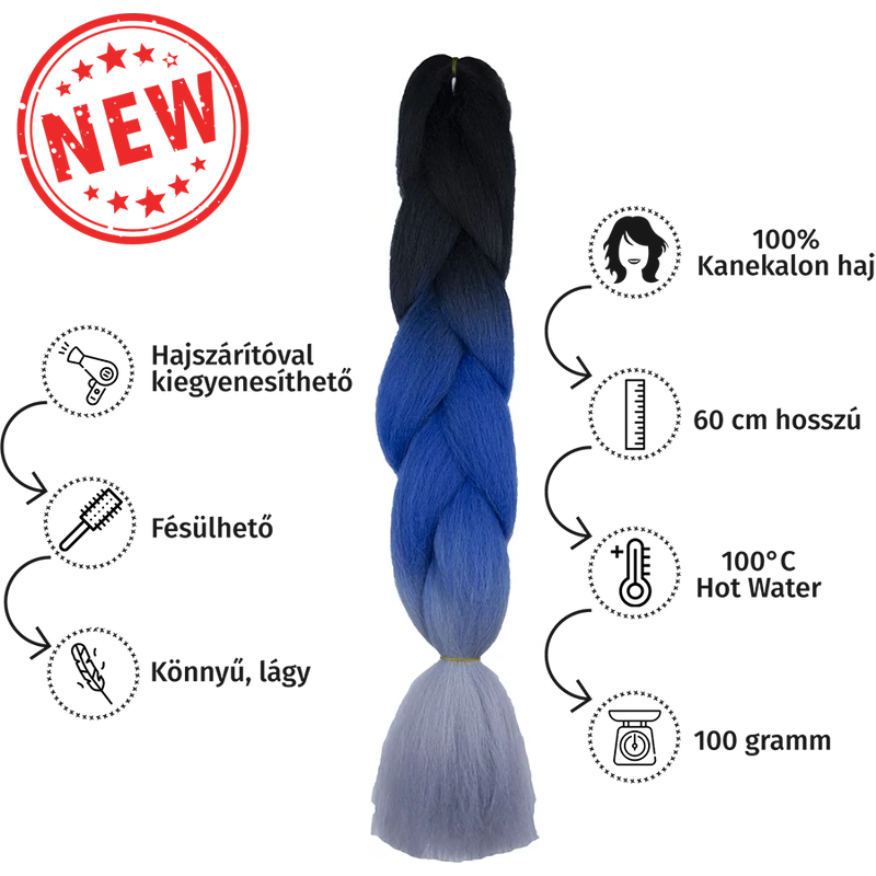Afro ombre szintetikus 100% kanekalon haj tricolor #19 fekete-királykék-szürke